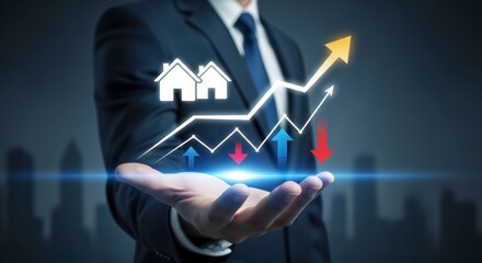 Poster - Man in suit holding houses and graph with arrows on his palm in a dark blue background
