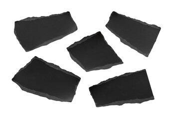 Poster - Five torn pieces of black paper with rough edges, scattered and isolated on a transparent background