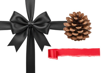 Wall Mural - A black satin bow and a pinecone with a red ribbon isolated on a transparent background