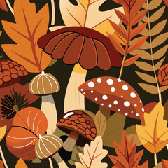 Poster - Autumnal delight a seamless vector illustration featuring fall leaves and mushrooms in warm orange and brown tones suitable for various design projects