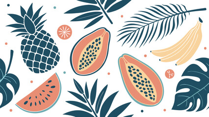 Poster - Beautiful tropical fruits and leaves illustration with pineapple papaya watermelon and bananas in a vibrant color palette with transparent background for versatile design