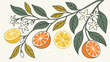 Poster - Botanical illustration of citrus fruits lemons and oranges with leaves and flowers in a hand drawn style perfect for various design projects