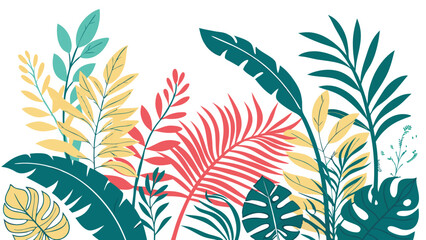Poster - Colorful tropical foliage illustration featuring vibrant palm leaves and various decorative plant elements perfect for digital designs