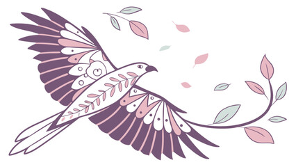 Poster - Elegant decorative bird illustration with leafy accents displaying a graceful flight against a transparent backdrop ideal for various design applications