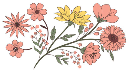 Poster - Elegant floral arrangement in soft pastel colors featuring various flower types and green foliage botanical illustration with transparent background.