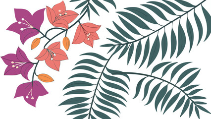 Poster - Floral and leafy botanical illustration displaying vibrant flowers and green ferns on a white background perfect for design applications