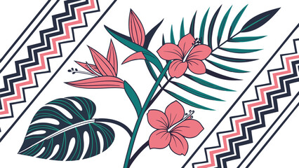Poster - Floral design with tropical flowers including bird of paradise and hibiscus with geometric border elements on a white background