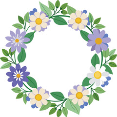 Poster - Floral wreath design featuring stylized pastel flowers green leaves and small blue berries arranged in a circle shape against a plain white background.