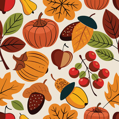 Poster - Playful vector pattern seamlessly featuring fall harvest elements including pumpkins leaves acorns apples and berry branches on cream colored background