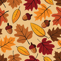 Poster - Seamless autumn pattern featuring stylized fall foliage with vibrant leaves and acorns creating a seasonal themed background illustration.