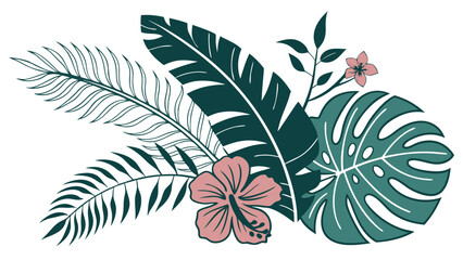 Poster - Tropical foliage arrangement with palm and monstera leaves and a hibiscus flower in a modern design for decorative and creative projects.