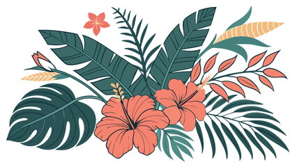 Poster - Tropical floral arrangement featuring hibiscus and other exotic foliage elements offering a modern botanical design suitable for diverse creative applications