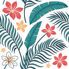 Poster - Tropical paradise floral pattern illustration featuring lush green leaves and vibrant red and yellow flowers against a white background