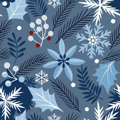 Poster - Winter floral pattern featuring snowflakes holly berries and other decorative wintery elements on a cool toned background suitable for seasonal design projects.