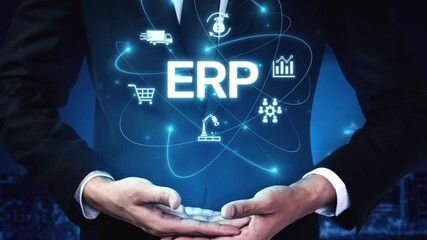 Poster - ERP platform visual showing centralized system for enterprise resource planning, improving integration, data flow, business efficiency, finance, inventory, and human resources. Muxer