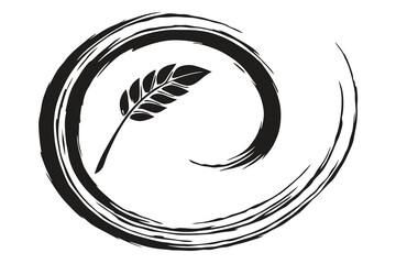 Poster - Elegant black and white illustration of a stylized feather within a brushstroke circle design for branding and decoration