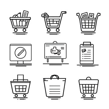 Nine minimalist line art shopping cart icons; online shopping, retail, checklist, e-commerce, website design elements, black and white, simple style, clean aesthetic, modern graphic, vector illustrati