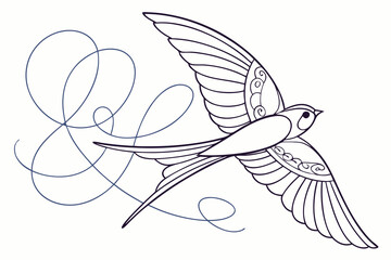 Poster - Elegant illustration of a bird in flight with decorative wing details and stylized swirling design elements vector art.