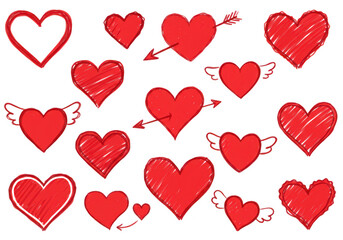 Poster - A collection of red hearts with various designs, including arrows and wings, on a transparent background
