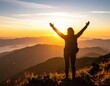 © lalala - Woman Hiker Embracing Sunrise on Mountain Peak Golden Light Freedom.