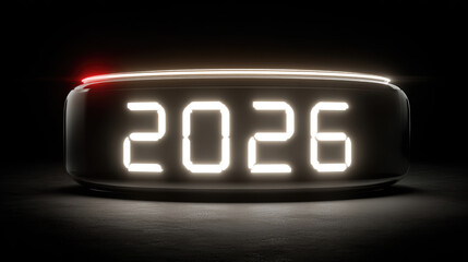 Minimalist neon clock showing 2026 glowing in vibrant colors on a dark background, symbolizing digital time capsule, future technology, countdown to the new year and modern concept for stock use