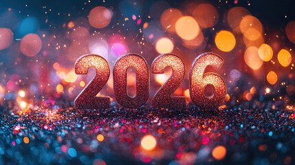 Wall Mural - golden shiny happy new year 2026 lettering animation with sparkling effects, festive christmas celeb