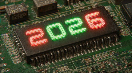 Aufkleber - Close-up of 2026 in glowing neon lights on a green circuit board, symbolizing technology, digital innovation, future progress, and electronic advancements in a modern cyber technology concept
