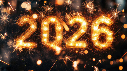 Wall Mural - golden shiny happy new year 2026 lettering animation with sparkling effects, festive christmas celeb