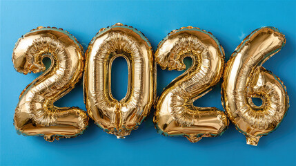 Wall Mural - golden foil balloons shaped as numbers 2026, symbolizing happy new year celebration, holiday greetin