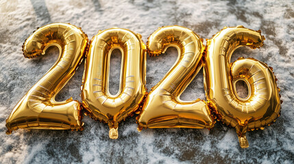 Wall Mural - golden foil balloons shaped as numbers 2026, symbolizing happy new year celebration, holiday greetin