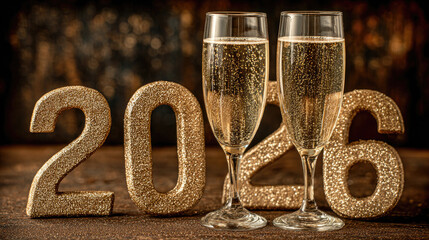 Wall Mural - two champagne glasses with golden 2026 numbers on a dark shimmering background, creating a festive c