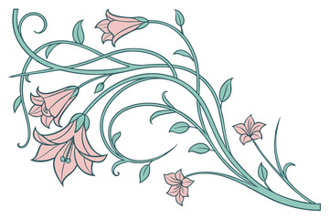 Poster - Elegant floral border design featuring stylized pink flowers and mint green leaves on a clean white background for decorative use