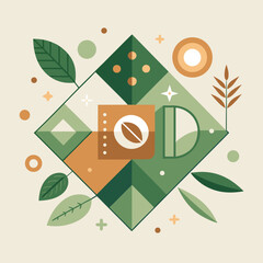 Poster - Abstract coffee bean artwork with leaves and geometric elements in a modern and minimalist design.