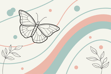 Poster - Minimalist illustration of a butterfly with botanical elements in a soft pastel color palette for various design purposes