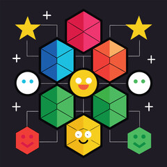 Poster - Abstract geometric design with smiling faces and stars representing teamwork and positive emotions