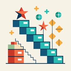 Poster - Abstract illustration depicting steps towards success and achievement with stars and geometric shapes.