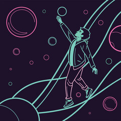 Poster - Young person reaching for a glowing bubble within a futuristic vector illustration with neon colors and a vibrant artistic atmosphere.