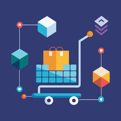 Poster - Modern illustration representing e-commerce shopping online with cubes and a shopping cart against a dark blue background