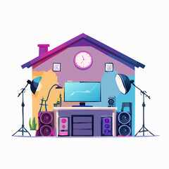 Fototapete - Creative Home Studio Illustration with Computer Speakers and Lighting Equipment