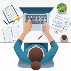 Poster - Woman Working on Laptop at Desk Top View Illustration