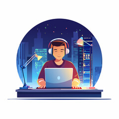 Fototapete - Man working on laptop with city skyline background illustration