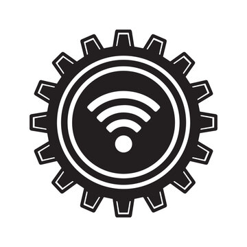A minimalist black and white icon design of a gear wheel with a WiFi symbol integrated into its center. 