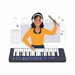 Poster - Smiling Woman Playing Keyboard with Headphones and Music Notes