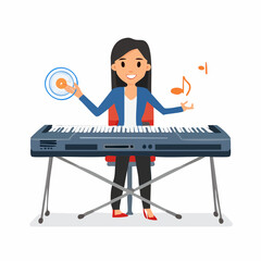 Poster - Cartoon Woman Playing Keyboard with Music Notes and Sound Wave
