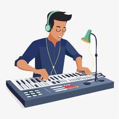 Poster - Musician Playing Keyboard with Headphones and Desk Lamp