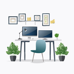 Fototapete - Modern Home Office Workspace with Computer Plants and Decor