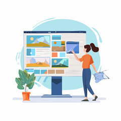 Fototapete - Woman Interacting with a Large Computer Screen Displaying Images