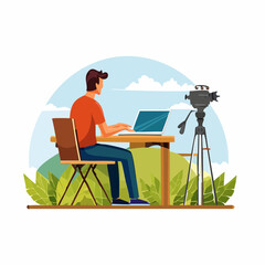 Fototapete - Man Filming Video Blog Outdoors with Laptop and Camera