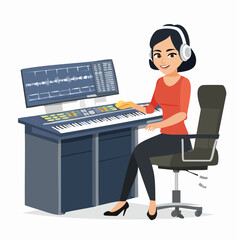 Fototapete - Woman creating music in a recording studio with a synthesizer