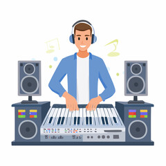 Poster - Happy Musician Playing Keyboard with Headphones and Speakers
